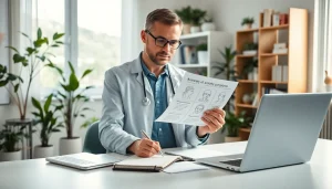 An expert discussing anxiety symptoms with illustrated charts in a serene office setting.