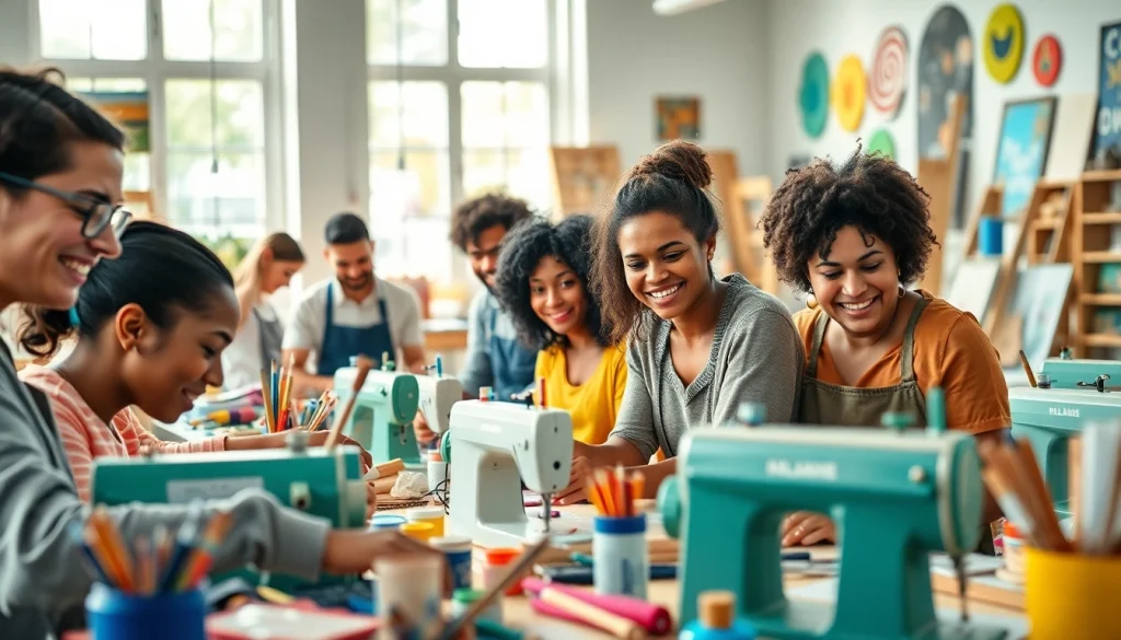 Engaging craft training programs in a bright workshop, showcasing diverse artisans creating art.