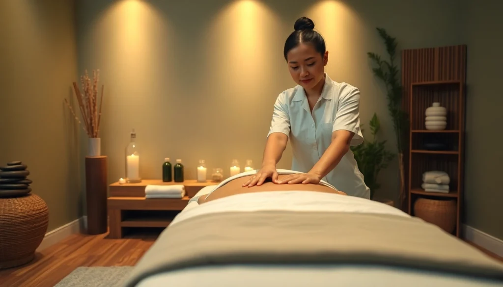 평온한 마사지 룸에서 태국 마사지사가 휴식을 제공하는 수원 출장 마사지 세션
