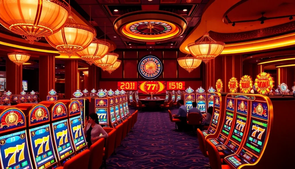 Play exhilarating slot777 games with vibrant machines and lively atmosphere in a casino