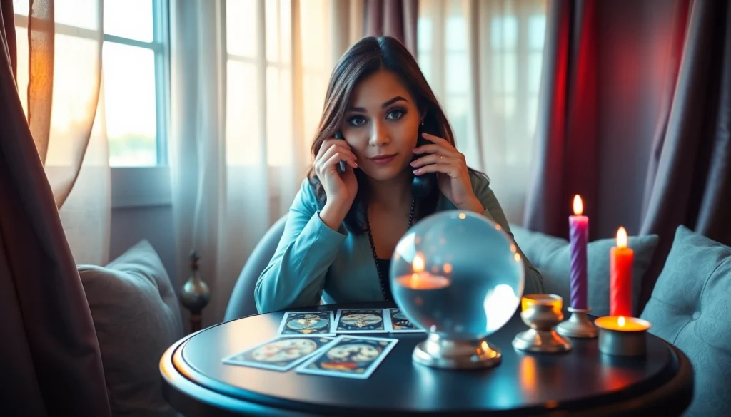 タロットカードとクリスタルを用いた静かで神秘的な環境でのプロの電話占い当たるを体験してください。