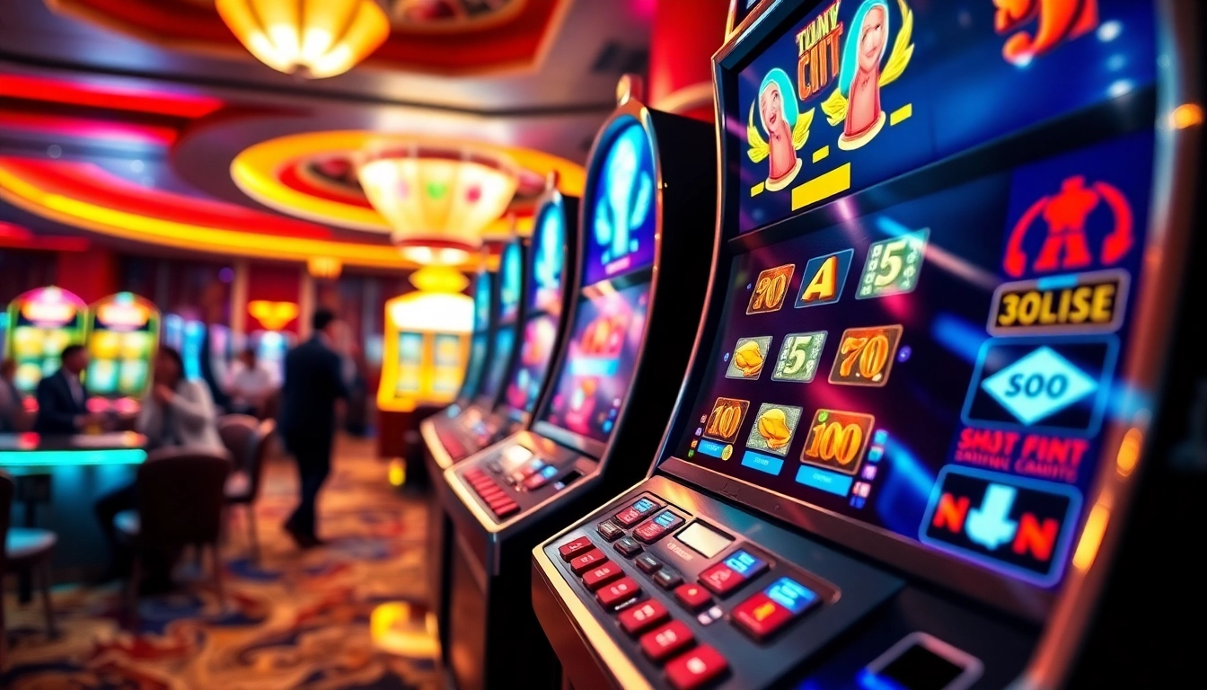 Explore the exciting features of situs slot demo with a close-up of vivid slot machines in a bustling casino.