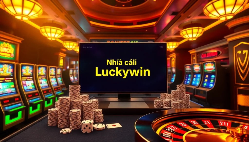 Engaging scene at Nhà cái Luckywin showing vibrant casino elements, highlights of online gambling excitement.