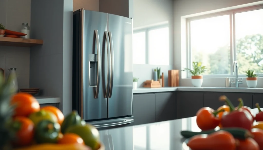 Showcase of refrigerator sales with modern kitchen and fresh produce highlighting design.