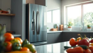Showcase of refrigerator sales with modern kitchen and fresh produce highlighting design.