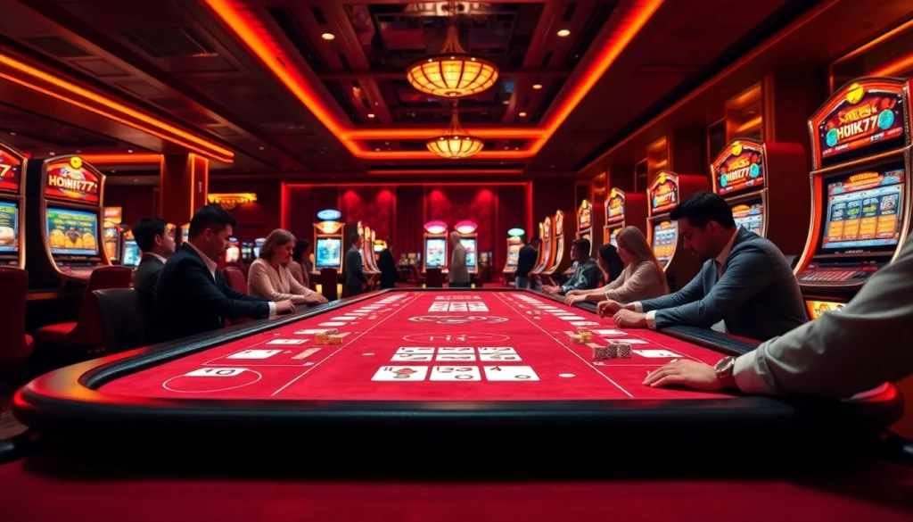 Experience thrilling gameplay at Hoki77 with vibrant casino tables and engaging slot machines.