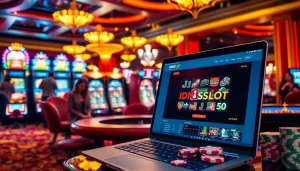 Experience the excitement of IDNSLOT with vibrant gambling visuals, featuring slot machines and poker chips.
