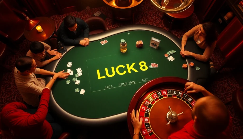 Players enjoying a thrilling game at the LUCK8 casino table, surrounded by poker chips and cards.