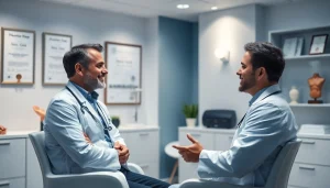 治療オプションについて専門医が説明している相談室