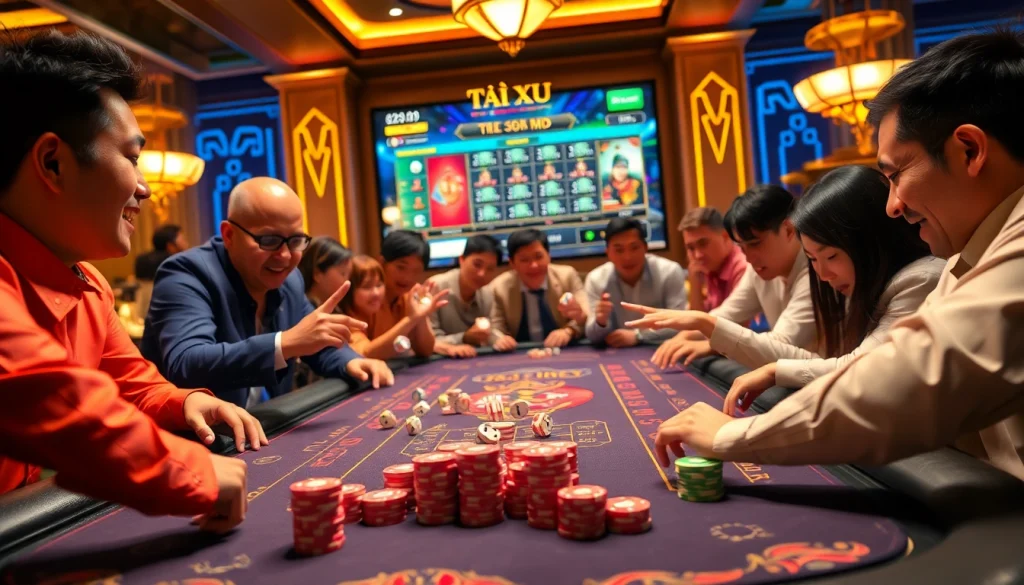 Players engaging in the exciting game tài xỉu md5 at a luxurious casino table, highlighting the thrill of gambling.