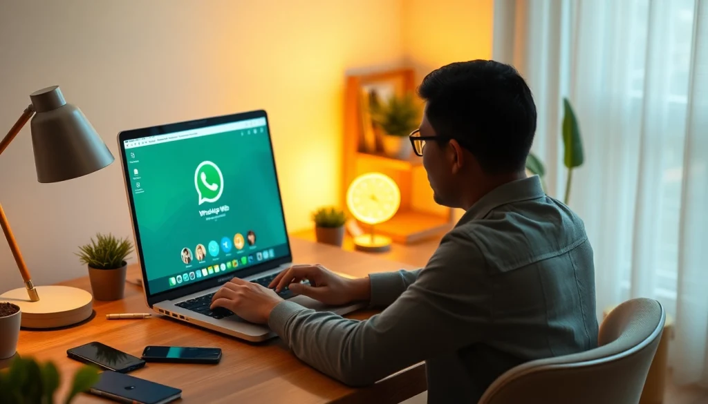 Experience seamless communication with WhatsApp Web on a laptop in a cozy home office.