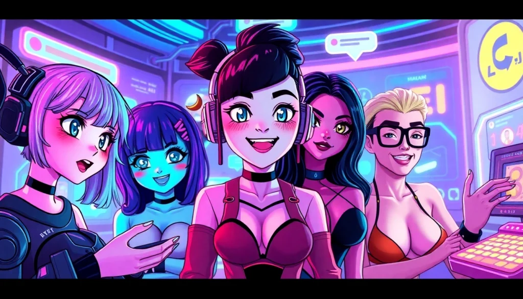 Dynamic illustration of diverse NSFW AI chat characters engaging in a vibrant virtual setting.
