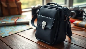 Abschließbare Handytasche mit einzigartigem Design und Funktionalität auf einem Holzuntergrund.