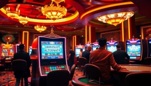 Engaging scene at a luxury casino featuring JAMUSLOT ALTERNATIF slot machines, showcasing excitement.