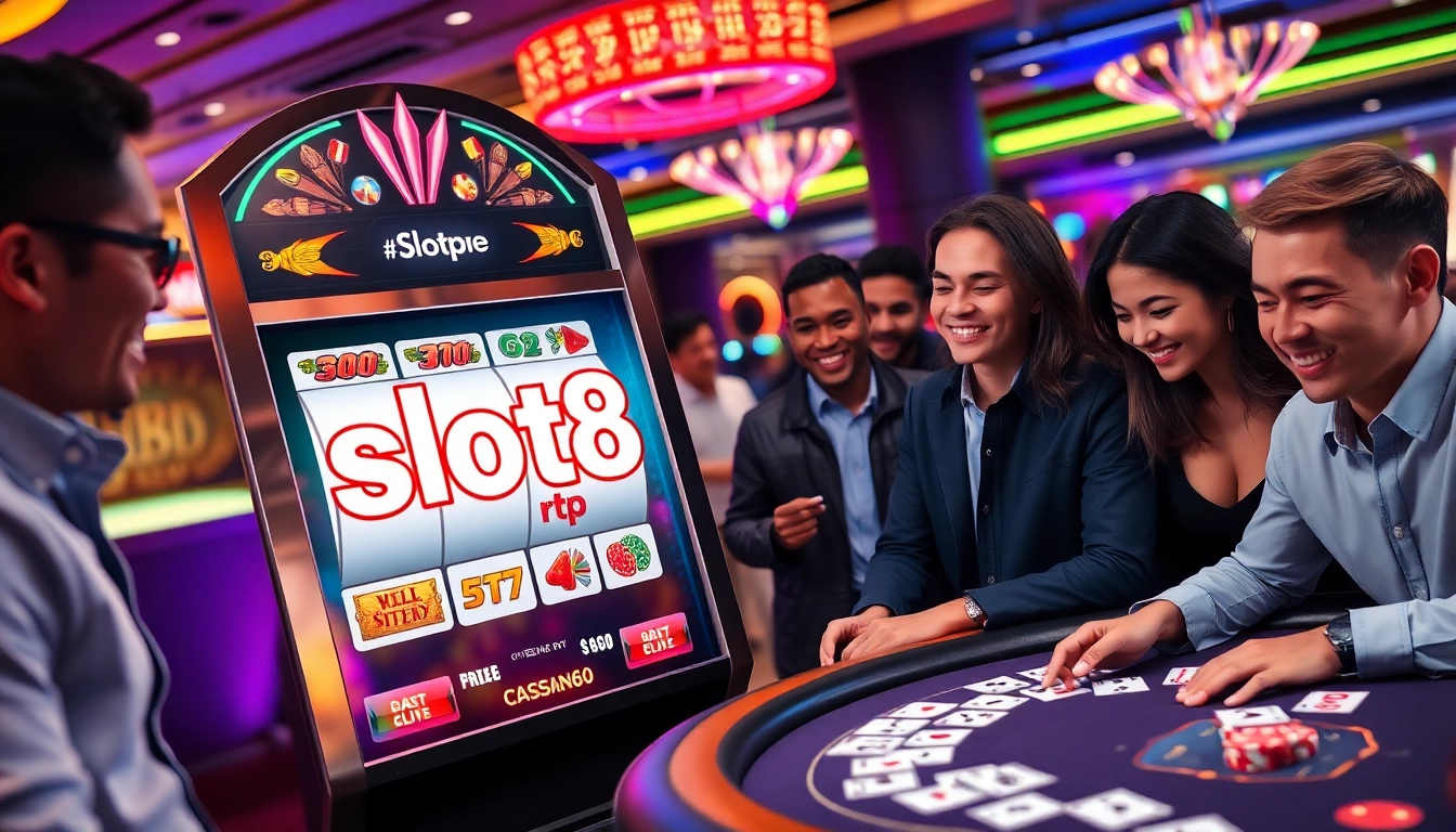 Players celebrating a big win at the slot88 rtp slot machine in a luxurious casino setting.