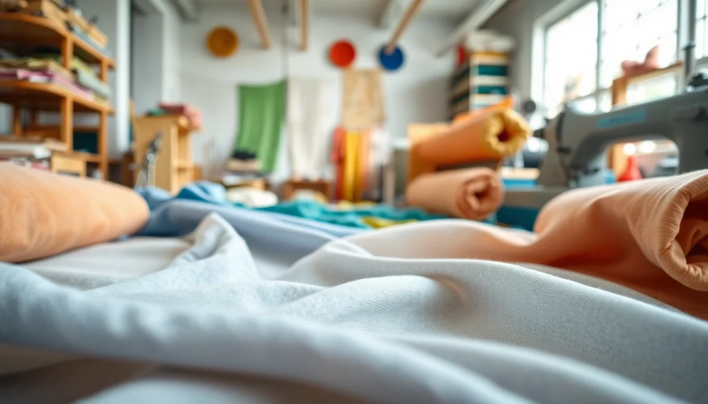 Dunne katoen stof in een kleurrijke stoffenwerkplaats, omringd door naaigereedschap.