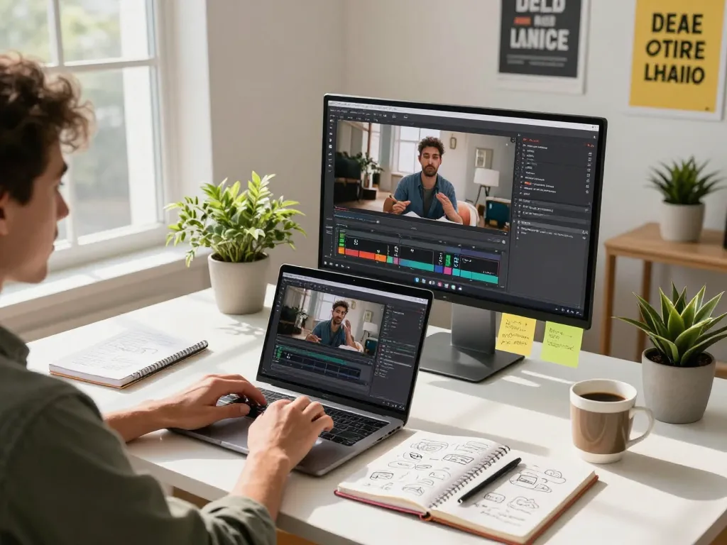 Content creator using video to prompt ai in a bright office for video analysis and prompts.