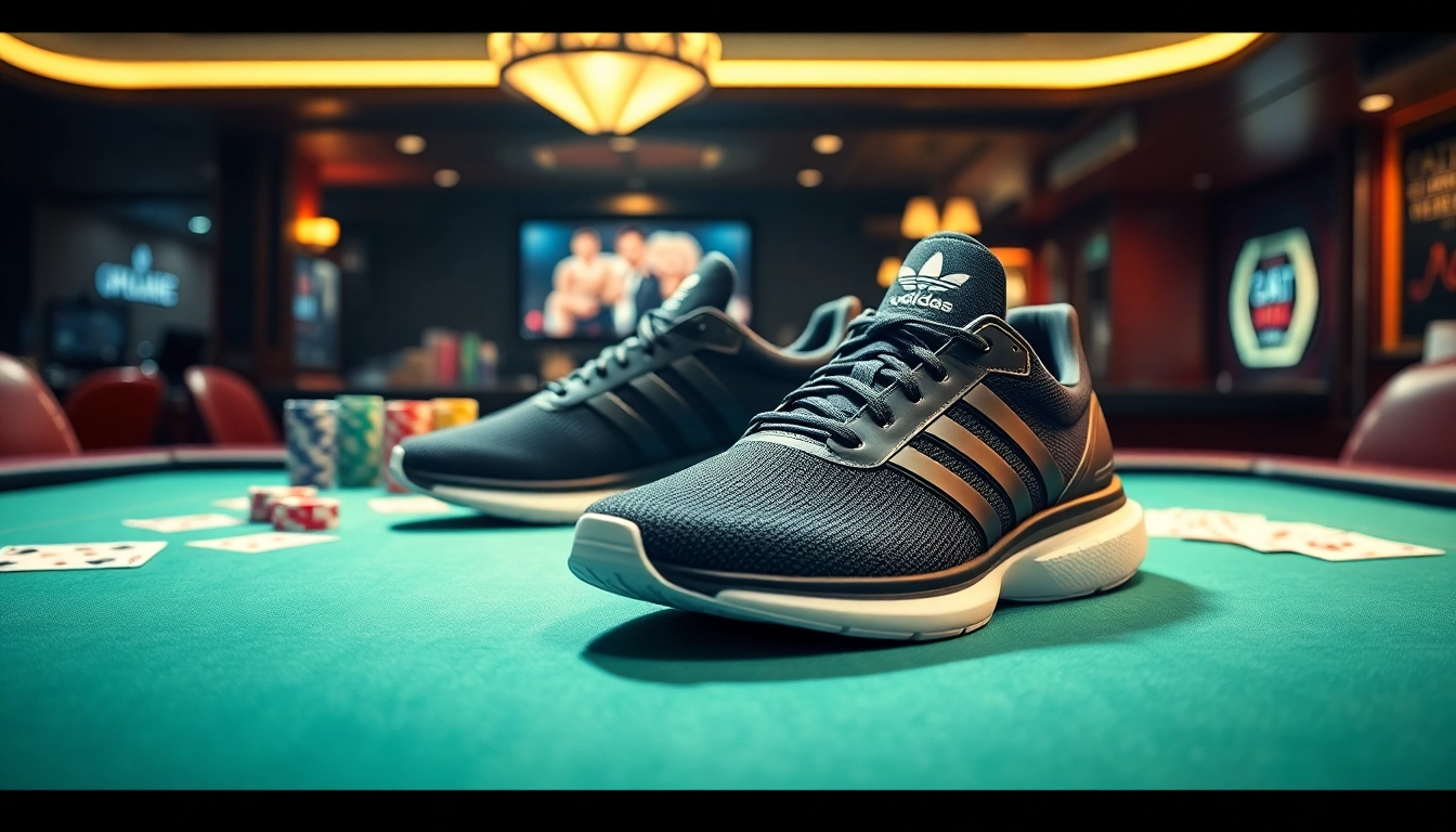 Menggambarkan reusenation.com/products/adidas-adiprene-sneakers-mens-11-p-6 pada meja kasino dengan suasana glamor.