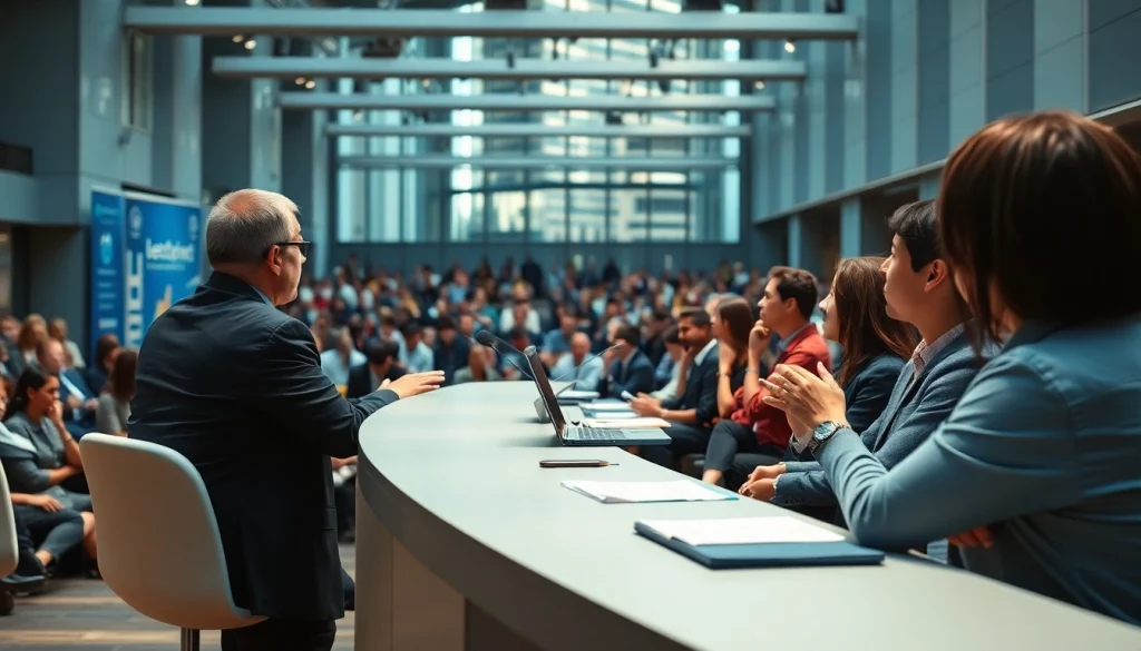 Engaging scene from a technology leadership conference showcasing expert speakers and an attentive audience.