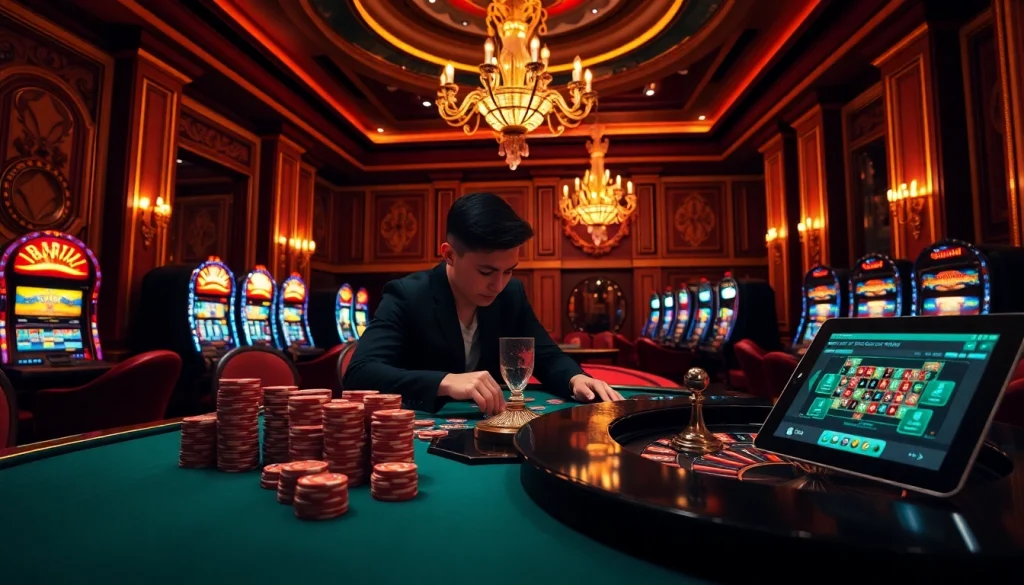 Découvrez l'excitation du meilleur casino en ligne avec des jetons de poker vibrants et une table de roulette.