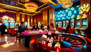 Experience thrilling gambling action at Trang chủ Luck8 online casino platform with vibrant visuals of poker, roulette, and slots.