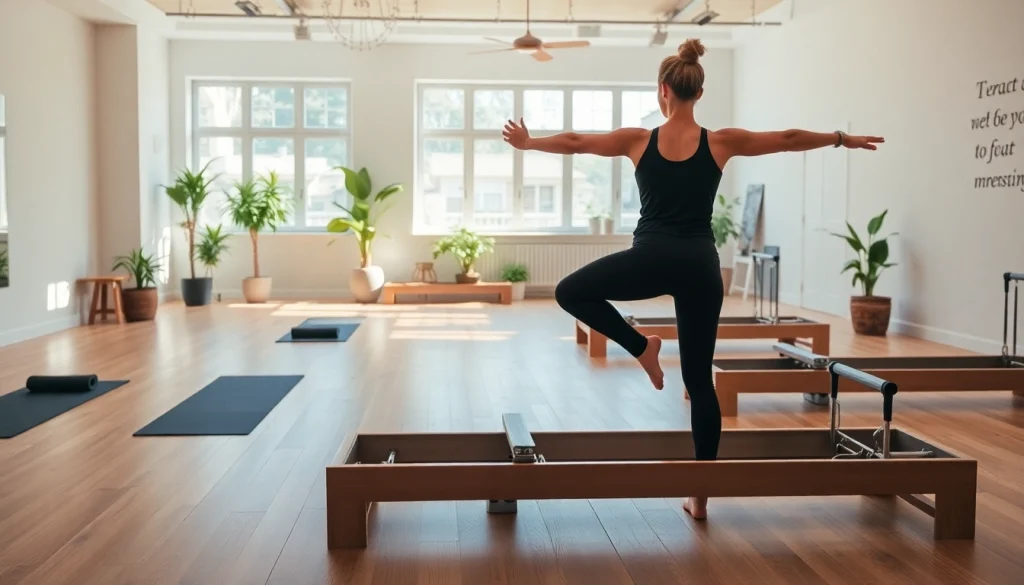 技術とウェルネスの雰囲気を強調する、おすすめのピラティススタジオのシーン。