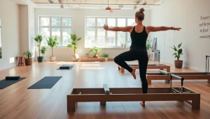 技術とウェルネスの雰囲気を強調する、おすすめのピラティススタジオのシーン。
