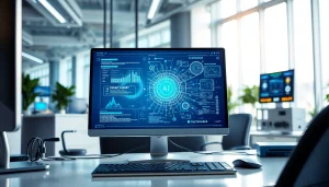 Sztuczna inteligencja w nowoczesnym biurze z zaawansowanymi danymi i urządzeniami.