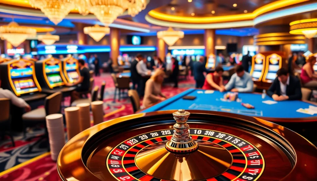 SHBET casino scene showcasing excited players at roulette and poker tables with vibrant slot machines in the background.