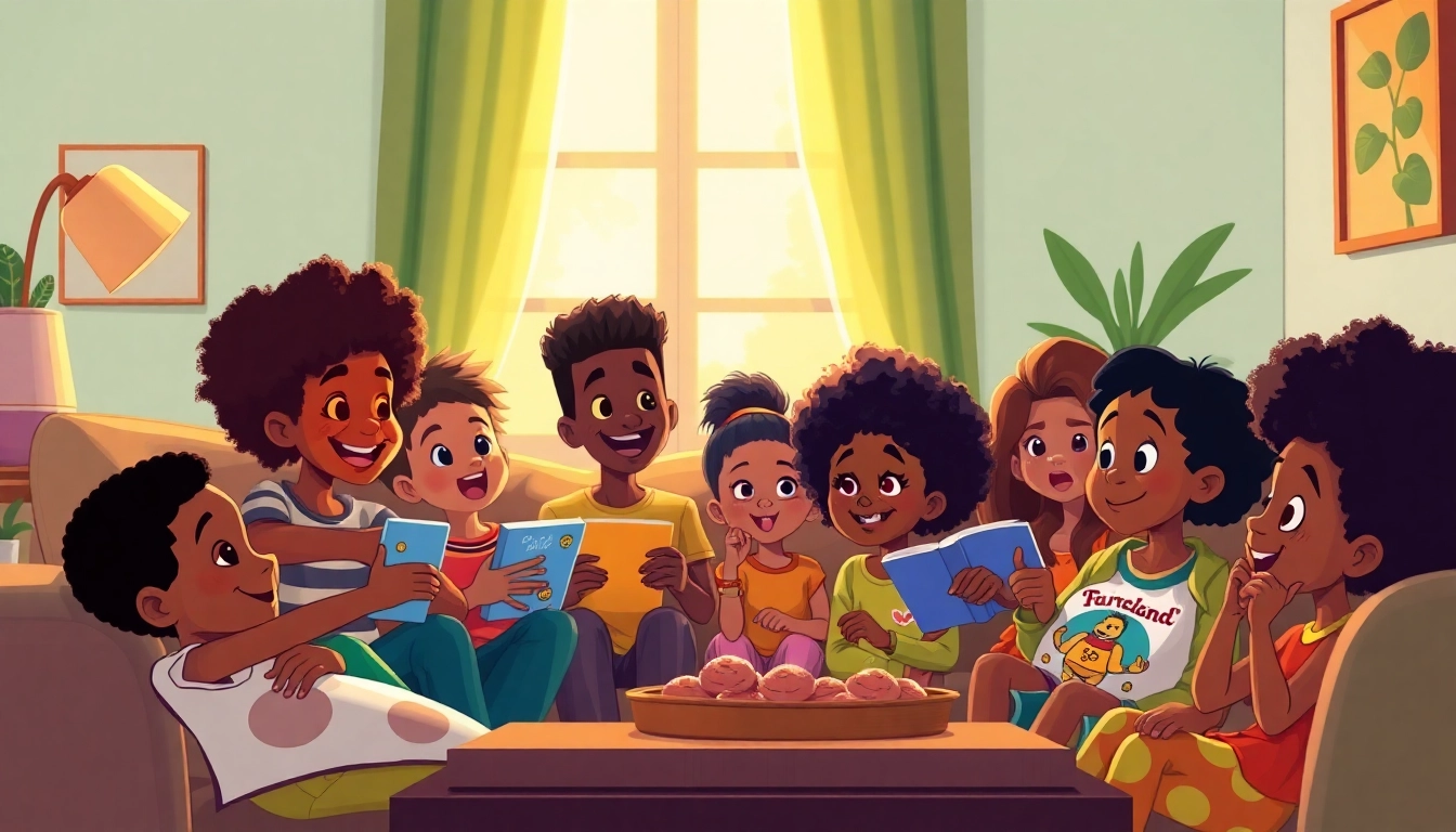 A group of children joyfully watching African American cartoons in a cozy living room.