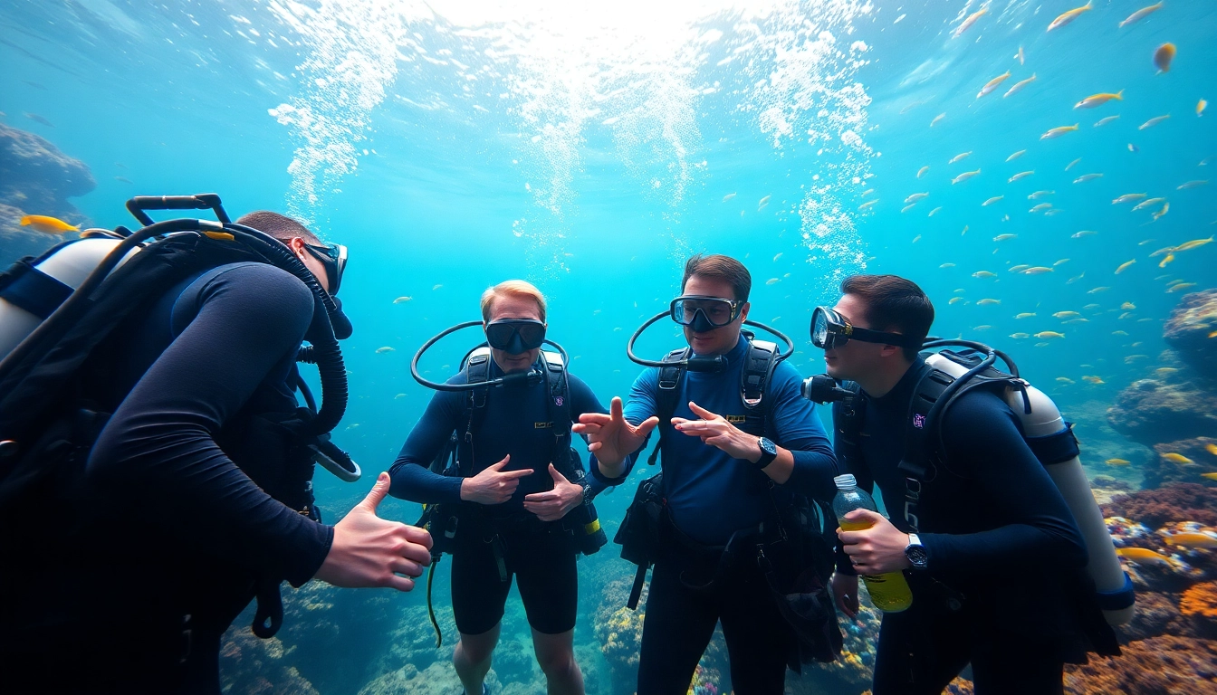 Tauch Ausbildung mit professionellen Tauchern, die Techniken in einem Unterwasserumfeld zeigen.