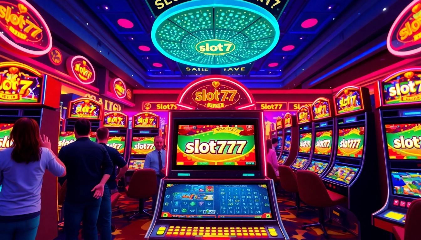 Permainan slot777 dengan mesin berwarna-warni di kasino, dikelilingi suasana hidup.