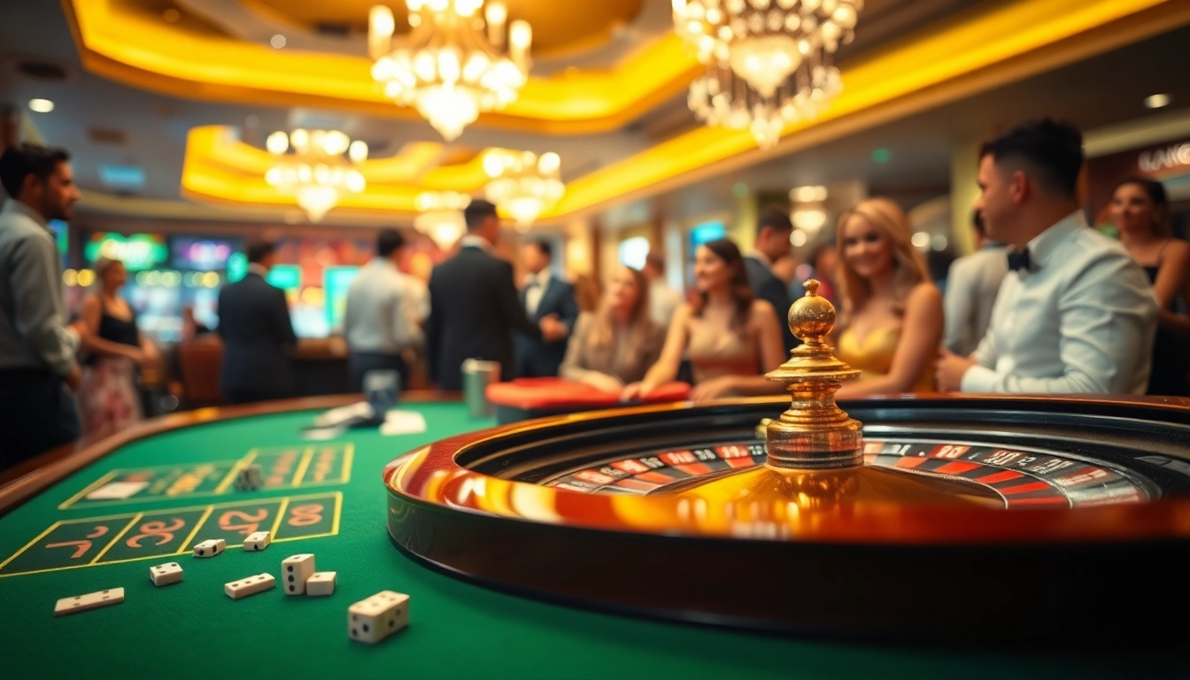 Spannendes casino spielen mit lebhaften Interaktionen am Roulettetisch in einem eleganten Casino.