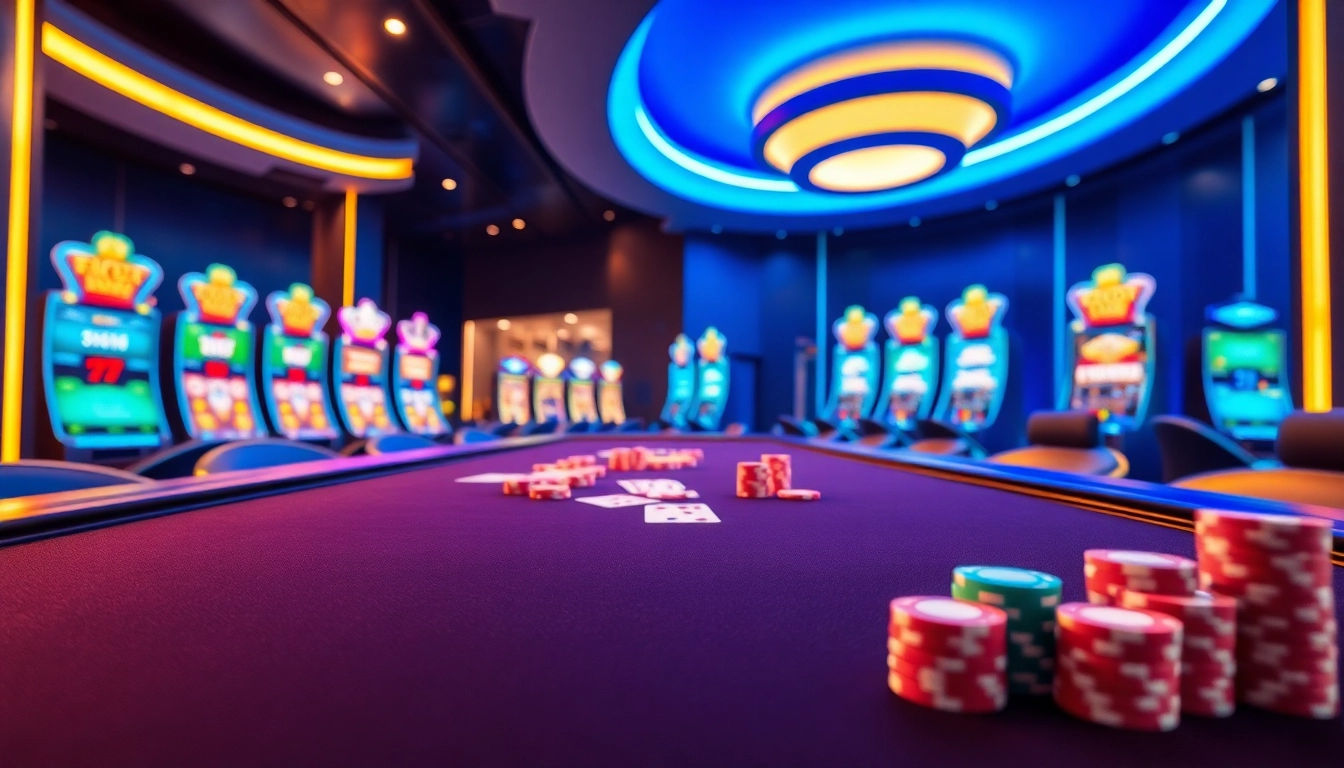 Engaging scene of a non gamstop Casino Uk featuring vibrant gaming elements and dynamic atmosphere.