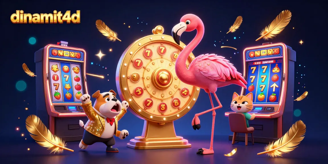 Engage with dinamit4d's atmosphere as a flamingo host spins a golden prize wheel amid vibrant slot machine visuals.