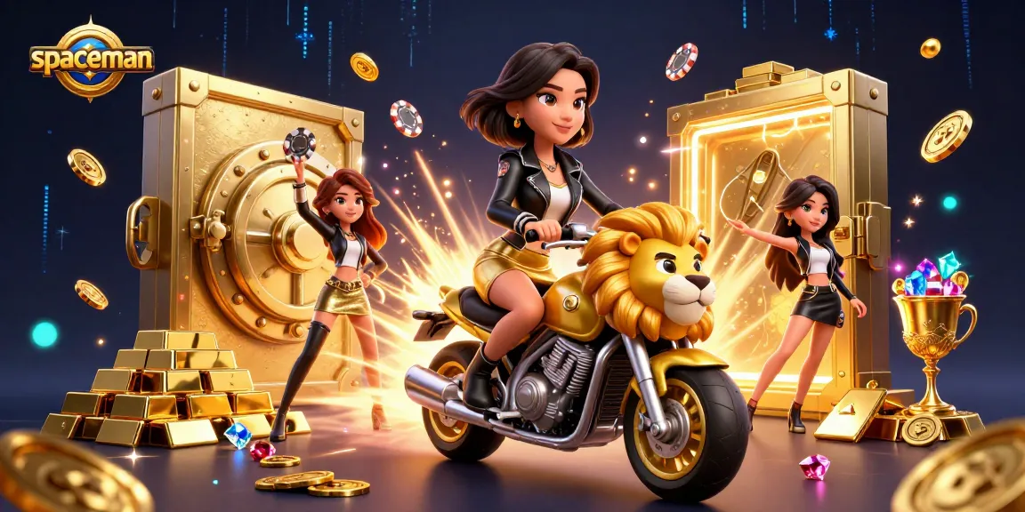 Experience thrilling slot action with spaceman riding a golden lion amidst casino treasures and excitement.