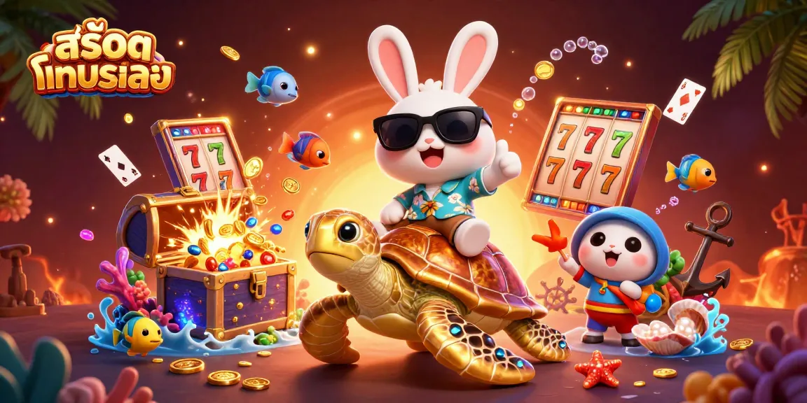 Spin the reels in สล็อตทดลองเล่น with our lucky rabbit and golden turtle amid vibrant casino magic and colorful gems.
