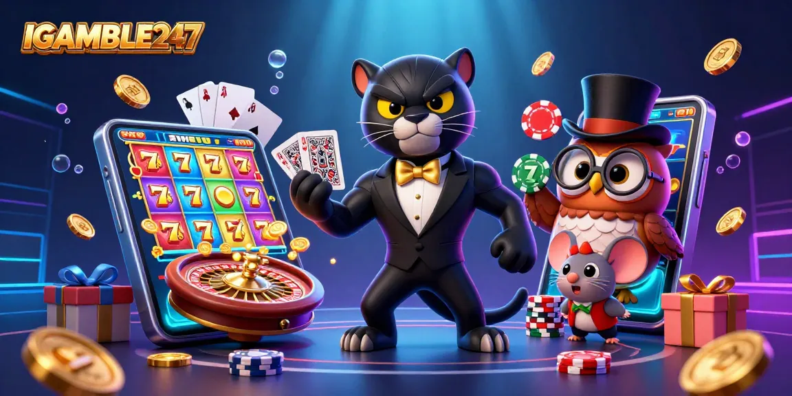 iGAMBLE247 showcases vibrant cartoon characters enjoying an exciting slot game experience, featuring rich casino elements.