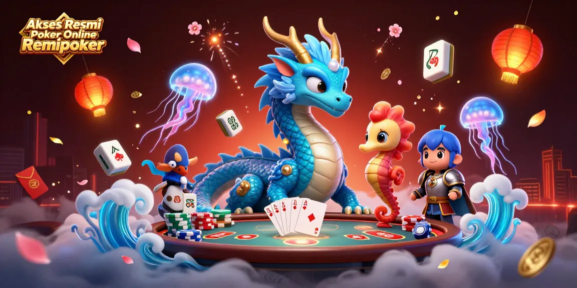 Akses Resmi Poker Online Remipoker scene showcasing poker excitement with animated characters and vibrant casino elements.