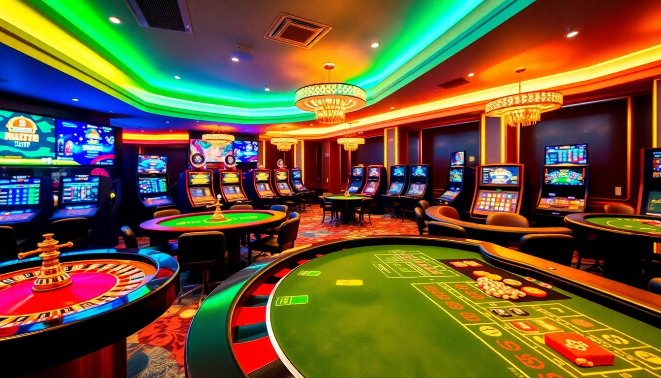 Engage in thrilling action at a bitcoin casino with vibrant gaming tables and crypto displays.