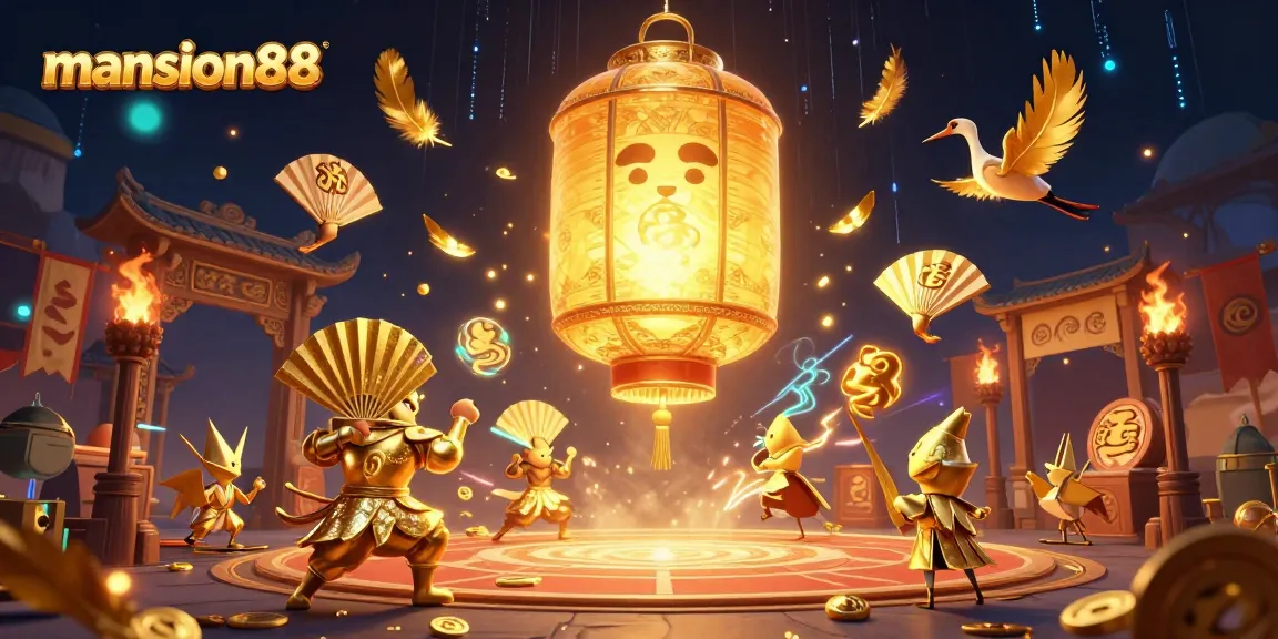 Engage with mansion88's thrilling atmosphere, featuring a luminous lantern spirit amidst an exciting online casino scene.