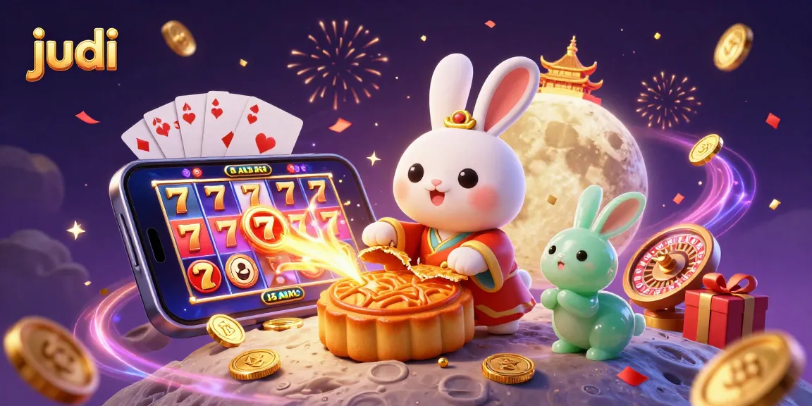 Engage in judi with a vibrant scene of a moon rabbit amidst exciting casino elements and festive atmosphere.