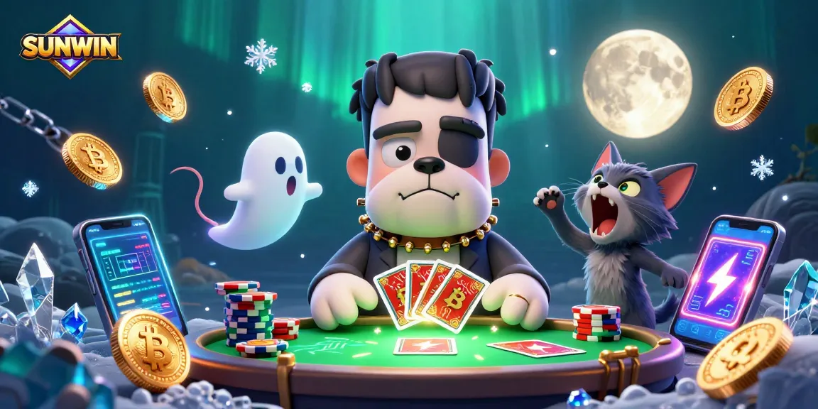 SUNWIN offers lively gaming fun with a 3D Frankenstein bulldog dealer, ghost mouse, and werewolf kitten at a vibrant illuminated casino table.