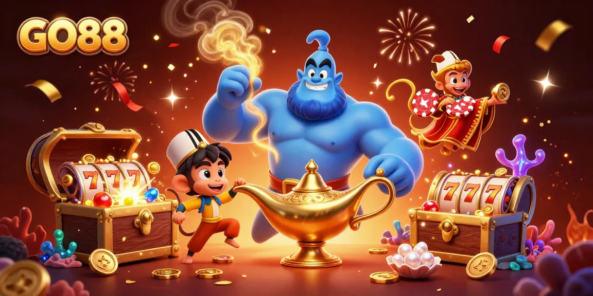 Experience the thrill of GO88 with a vibrant 3D casino scene featuring a magical genie, treasure, and poker elements.