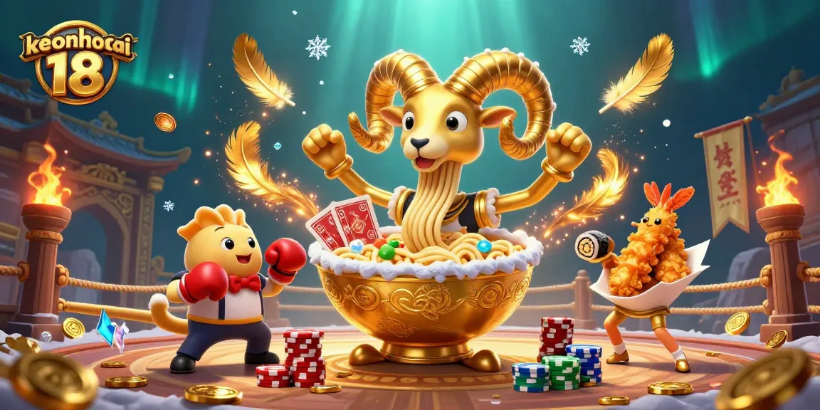 Engage with keonhacai 18 in a vibrant and dynamic cartoon casino scene featuring a ramen bowl character.
