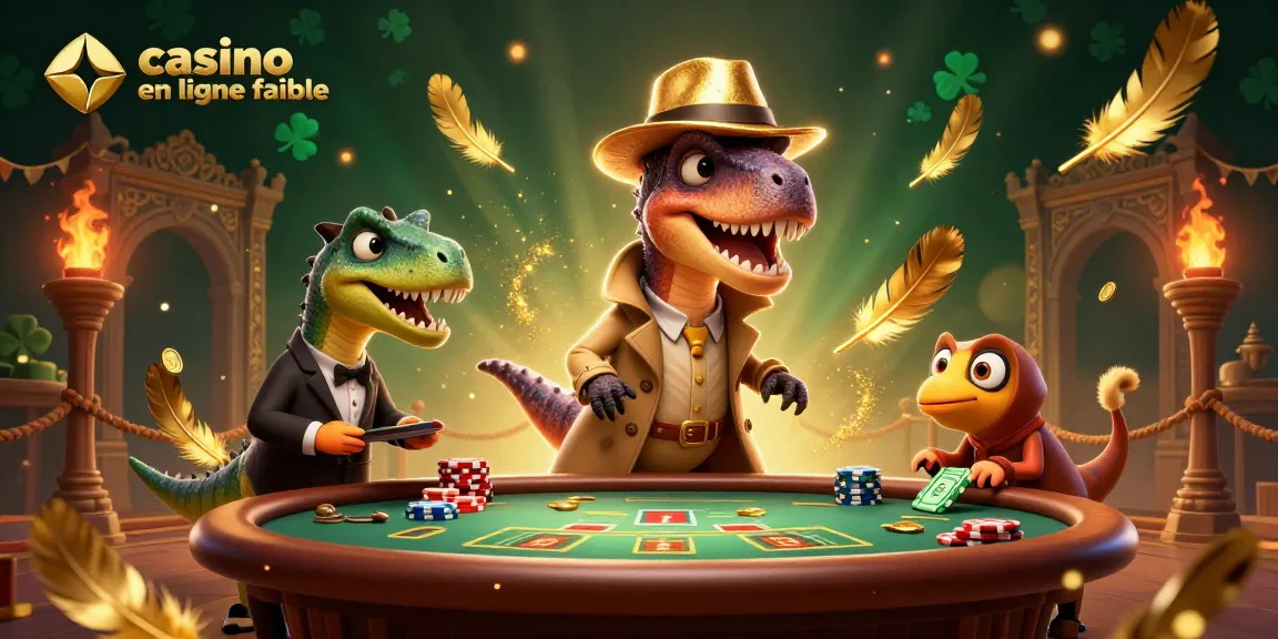 Illustration ludique d'un velociraptor jouant aux cartes dans un casino en ligne fiable, entouré de décorations de jeux d'argent.