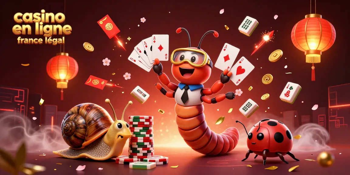 Visuel amusant d'un casino en ligne légal en France, avec un croupier cartoon, des jetons et des cartes éparpillés.