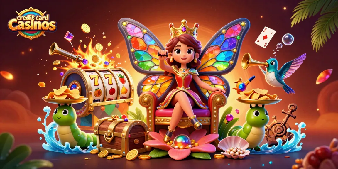 Experience the thrill at credit card casinos with a butterfly queen amidst treasures and vibrant game symbols.