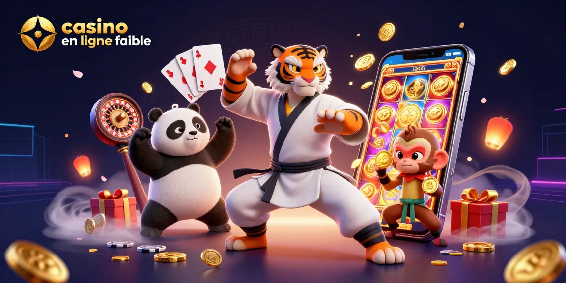 Plongez dans l'univers du casino en ligne fiable avec un maître tigre et ses élèves jouant aux machines à sous.