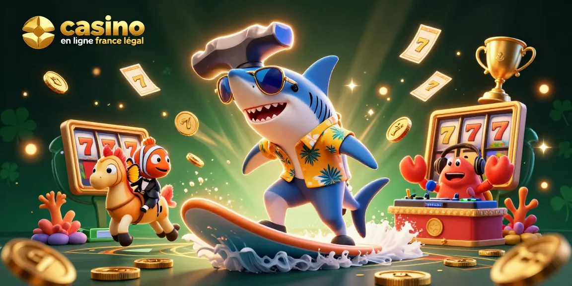 Jouez au casino en ligne France légal avec des symboles de machines à sous et un requin stylisé.